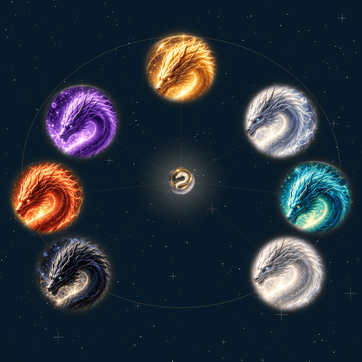 Los 7 dragones arcturianos en círculo alrededor del isotipo de Luz del Dragón